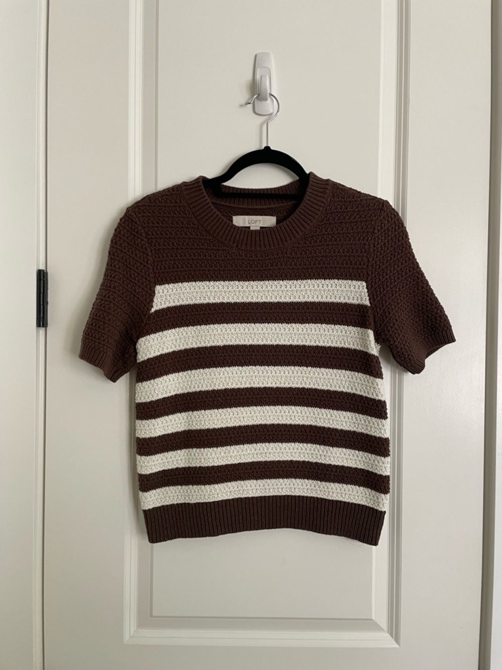 LOFT Brown and Cream Striped Short Sleeve Knit Top